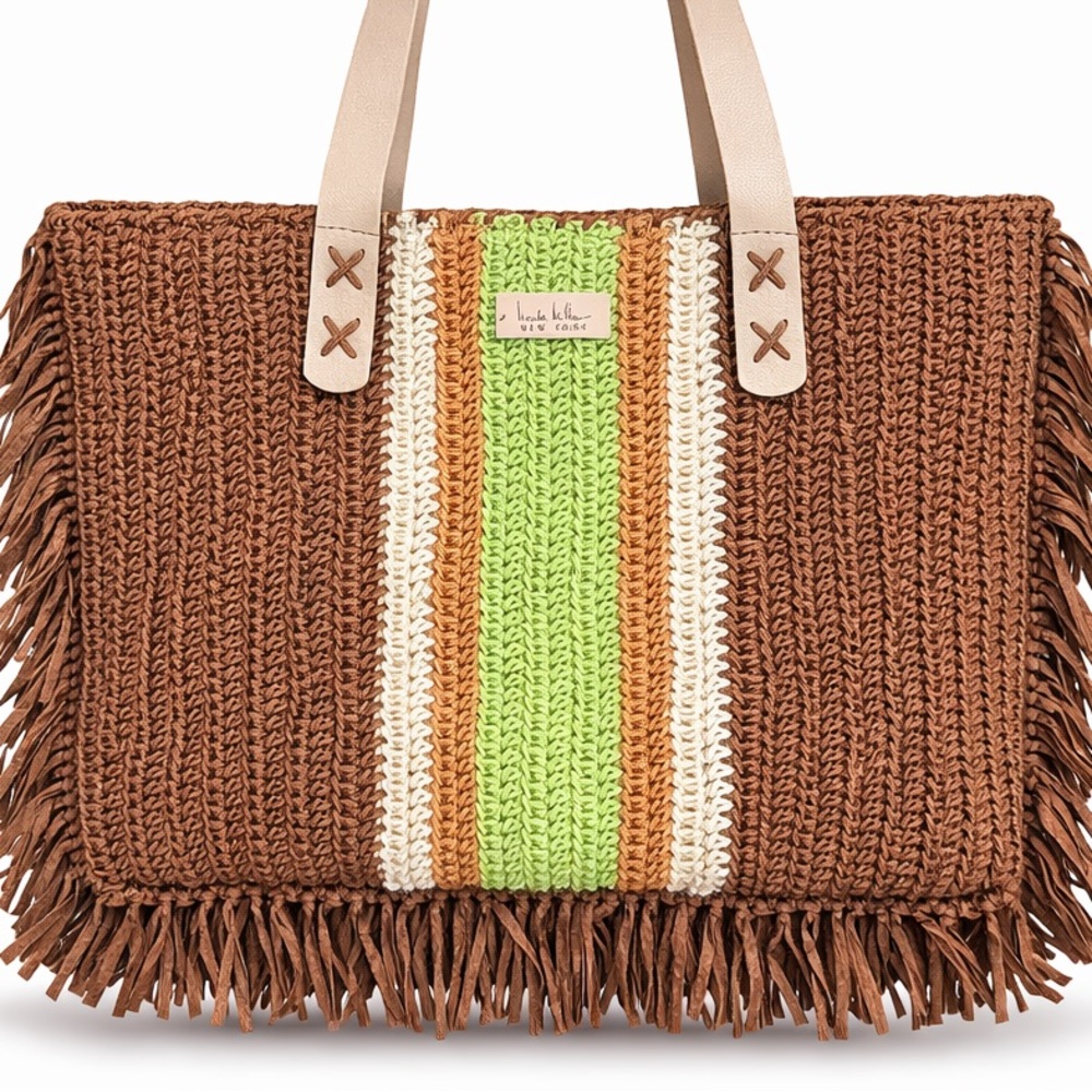 NWOT Nicole Miller Boho Brown and Green Tote Bag Oversized Straw Shoulder Bag - Picture 6 of 8